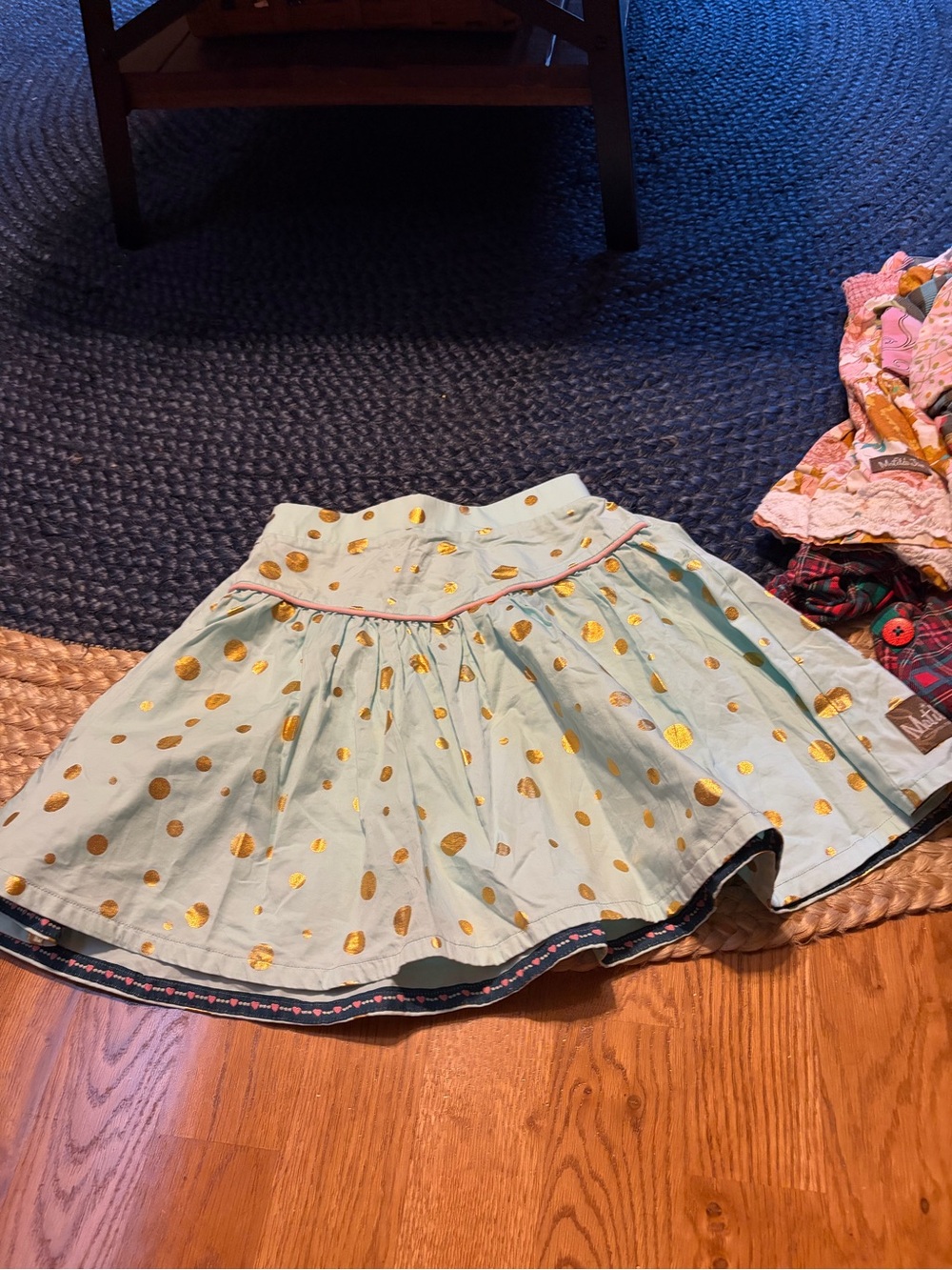 Light Blue Skirt with Gold Polka Dots